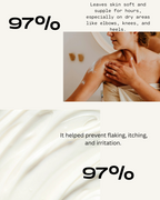 Advertisement for a skincare product with text about skin softening and irritation prevention, featuring a close-up of hands and skin.