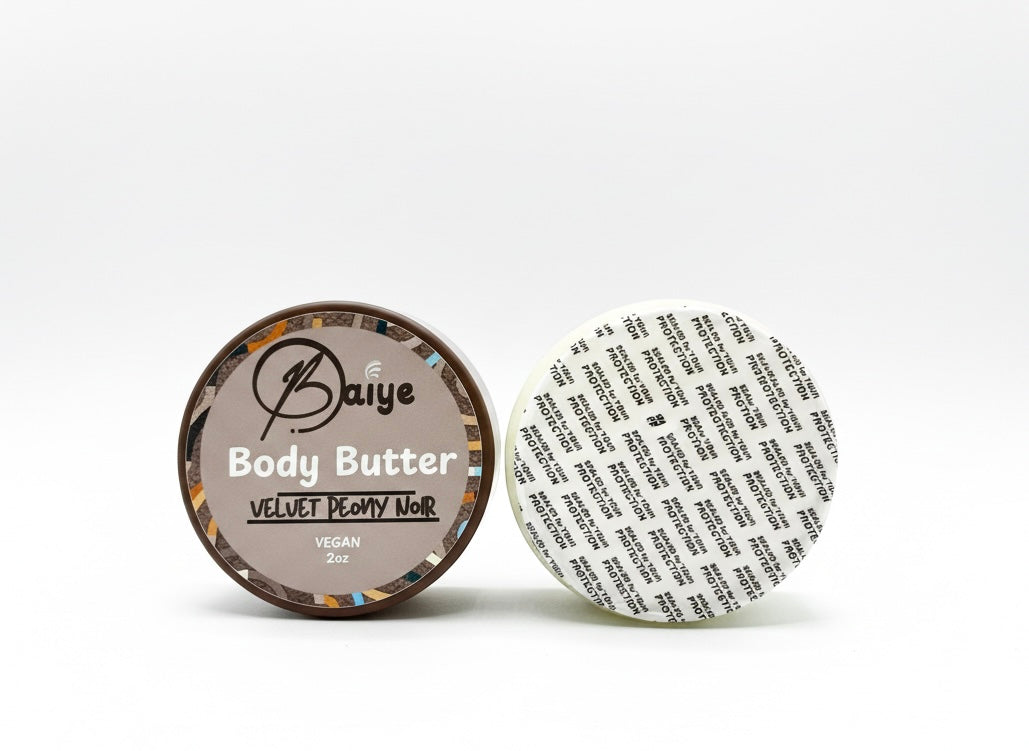Baiye whipped body butter with shea cocoa butter and squalane for all skin types in a container with lid on a white background
