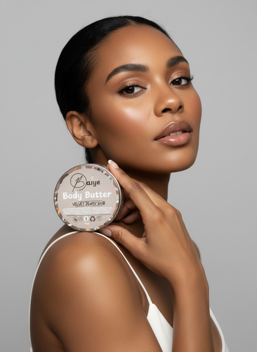 Woman holding a container of BBaiye whipped body butter with shea cocoa butter and squalane for all skin types against a gray background