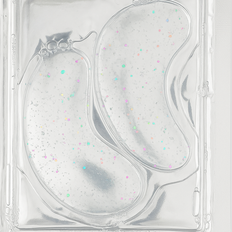 Baiye hydrating clear under eye patches with hyaluronic acid niacinamide and collagen with colorful glitter dots in a clear packaging box on a white background