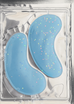 A pair of blue Baiye hydrating under eye patches with hyaluronic acid niacinamide and collagen under eye patches with colorful specks on a white background