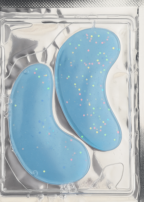 A pair of blue Baiye hydrating under eye patches with hyaluronic acid niacinamide and collagen under eye patches with colorful specks on a white background